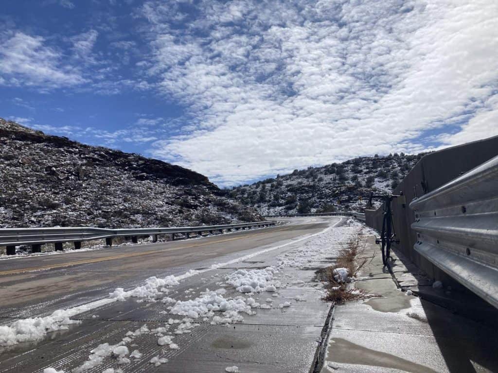 snowy road east of truth or consequences february 2024